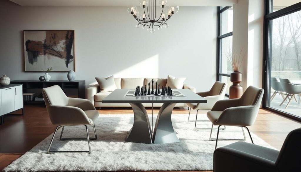 Stylish Chess Set Table and Chairs in Modern Living Space Stylish Chess Set Table and Chairs in Modern Living Space